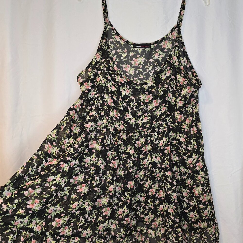 Sheer Floral Print Tank Dress sz Large Tiered Spaghetti Straps Jeans Warehouse